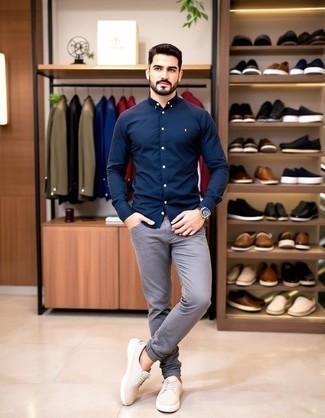 Navy Long Sleeve Shirt · Grey Chinos · Beige Canvas Slip-on Sneakers · Dark Brown Leather Watch