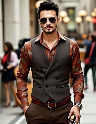 Dark Brown Wool Waistcoat · Orange Floral Dress Shirt · Dark Brown Corduroy Dress Pants · Dark Brown Leather Belt · Black Sunglasses · Black Leather Watch