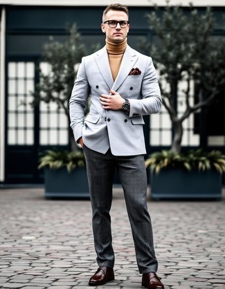 Grey Wool Double Breasted Blazer · Tan Turtleneck · Charcoal Check Wool Dress Pants · Dark Brown Leather Double Monks · Brown Print Pocket Square · Black Leather Watch