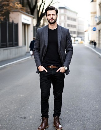 Charcoal Wool Blazer · Black Crew-neck T-shirt · Black Jeans · Dark Brown Leather Casual Boots · Tan Leather Belt · Silver Watch