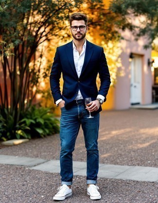 Navy Blazer · White Dress Shirt · Blue Jeans · White Canvas Low Top Sneakers
