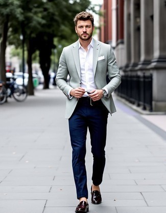 Grey Blazer · White Long Sleeve Shirt · Navy Vertical Striped Dress Pants · Dark Purple Leather Tassel Loafers · White Pocket Square · Silver Watch
