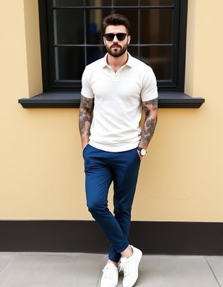 White Polo · Navy Chinos · White Low Top Sneakers · Black Sunglasses · Brown Leather Watch