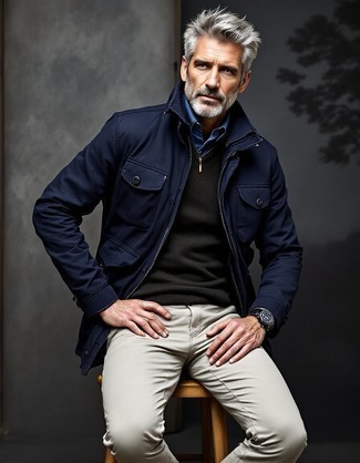 Navy Field Jacket · Black Zip Neck Sweater · Blue Denim Shirt · Grey Chinos · Black Leather Watch