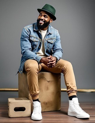 Blue Denim Jacket · White Crew-neck Sweater · Khaki Chinos · White Leather High Top Sneakers · Dark Green Wool Hat · Black Socks