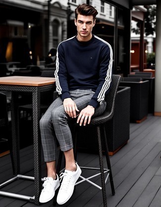 Charcoal Sweatshirt · Grey Check Chinos · White Low Top Sneakers