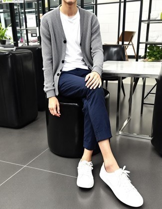 Grey Knit Cardigan · White Crew-neck T-shirt · Navy Chinos · White Low Top Sneakers