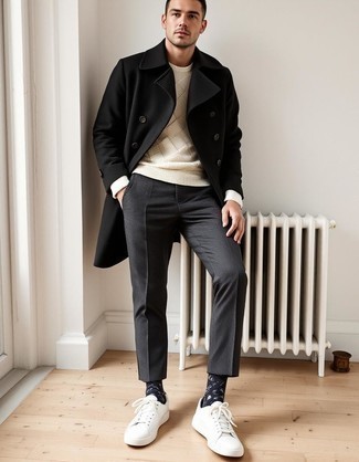 Black Pea Coat · Beige Cable Sweater · White Crew-neck T-shirt · Grey Wool Dress Pants · White Leather Low Top Sneakers · Black and White Print Socks