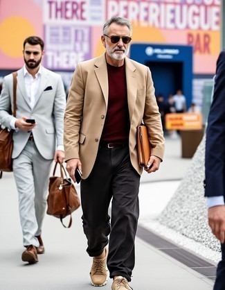Tan Blazer · Burgundy Crew-neck Sweater · Dark Brown Chinos · Tan Low Top Sneakers · Tan Leather Zip Pouch · Brown Leather Belt
