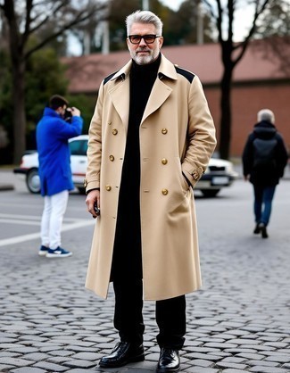 Tan Trenchcoat · Black Wool Shirt Jacket · Black Turtleneck · Black Chinos · Black Leather Casual Boots