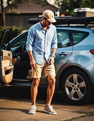 Light Blue Gingham Long Sleeve Shirt · Tan Shorts · Beige Canvas Low Top Sneakers · Beige Baseball Cap · Grey Leather Watch