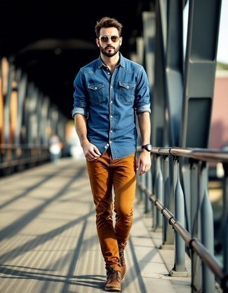 Blue Denim Shirt · Tobacco Chinos · Tobacco Leather Low Top Sneakers · Yellow Sunglasses · Black Leather Watch