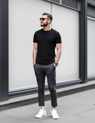 Black Crew-neck T-shirt · Charcoal Chinos · White Leather Low Top Sneakers · Dark Brown Sunglasses · Black Leather Watch