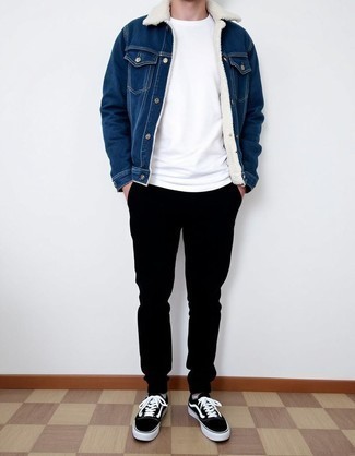 Blue Denim Shearling Jacket · White Crew-neck T-shirt · Black Chinos · Black and White Canvas Low Top Sneakers · White No Show Socks