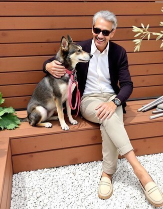 Dark Brown Cardigan · White Long Sleeve Shirt · Beige Chinos · Beige Leather Loafers · Dark Brown Sunglasses · Dark Green Watch