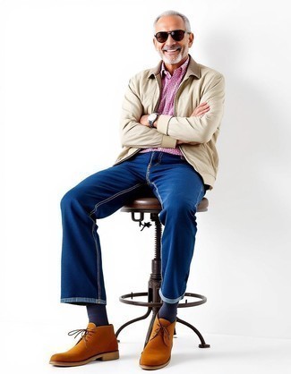 Beige Harrington Jacket · Pink Long Sleeve Shirt · Navy Jeans · Tobacco Suede Desert Boots · Dark Brown Sunglasses · Silver Watch