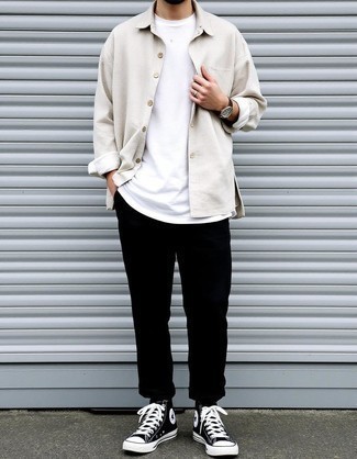 White Linen Shirt Jacket · White Crew-neck T-shirt · Black Chinos · Black and White Canvas High Top Sneakers · Dark Brown Leather Watch