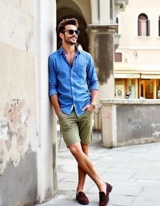 Light Blue Denim Shirt · Olive Shorts · Dark Brown Suede Tassel Loafers · Dark Brown Leather Belt · Black Sunglasses · Silver Watch