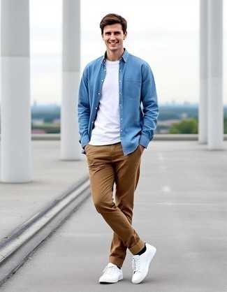Light Blue Chambray Long Sleeve Shirt · White Crew-neck T-shirt · Khaki Chinos · White Leather Low Top Sneakers · Black No Show Socks