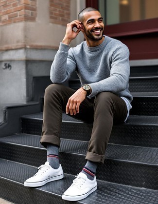 Grey Crew-neck Sweater · White Long Sleeve Shirt · Brown Jeans · White Canvas Low Top Sneakers · Black Leather Watch · Grey Wool Socks