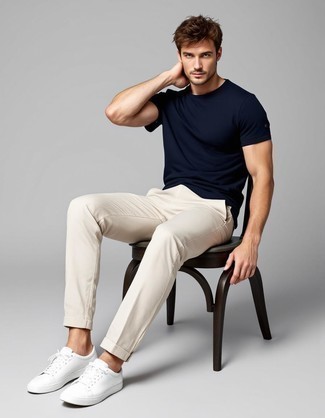 Black Crew-neck T-shirt · Beige Chinos · White Leather Low Top Sneakers
