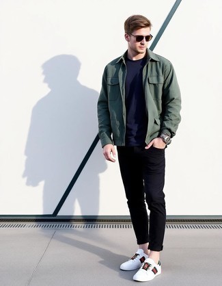 Dark Green Shirt Jacket · Navy Crew-neck T-shirt · Black Chinos · White Print Leather Low Top Sneakers · Black Sunglasses · Silver Watch