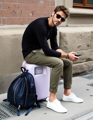 Navy Crew-neck Sweater · Olive Chinos · White Leather Low Top Sneakers · Blue Leather Backpack · Dark Brown Sunglasses · Black Leather Watch