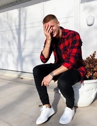 Red and Navy Plaid Long Sleeve Shirt · Black Crew-neck T-shirt · Black Skinny Jeans · White Leather Low Top Sneakers · Black No Show Socks