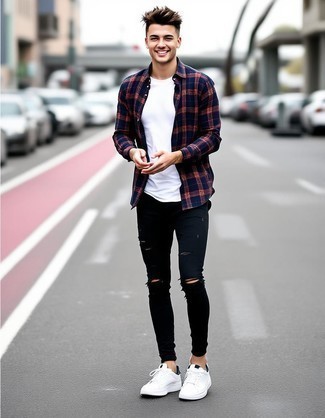 Navy and Red Plaid Long Sleeve Shirt · White Crew-neck T-shirt · Black Ripped Skinny Jeans · White and Black Leather Low Top Sneakers