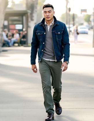 Blue Denim Jacket · White Long Sleeve Shirt · Grey Long Sleeve Henley Shirt · Olive Chinos · Brown Leather Desert Boots · Brown Leather Watch