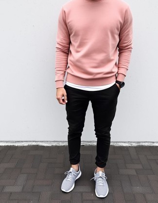 Pink Sweatshirt · White Crew-neck T-shirt · Black Chinos · Grey Athletic Shoes · Black Leather Watch