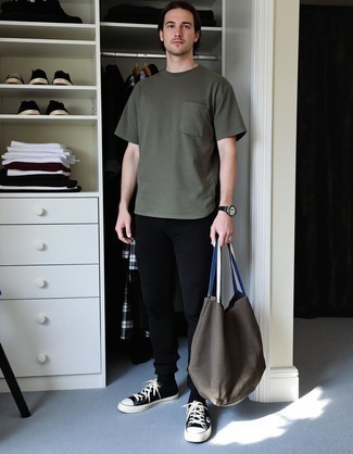Olive Crew-neck T-shirt · Black Cargo Pants · Black and White Canvas High Top Sneakers · Dark Brown Canvas Tote Bag · Black Leather Watch · Black Socks