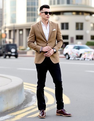 Tan Blazer · White Dress Shirt · Black Chinos · Dark Purple Leather Derby Shoes · White Pocket Square · Black Leather Belt