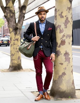 Charcoal Blazer · Light Blue Long Sleeve Shirt · Burgundy Chinos · Brown Leather Derby Shoes · Olive Canvas Duffle Bag · Brown Wool Hat