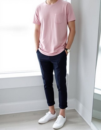 Pink Crew-neck T-shirt · Navy Chinos · White Leather Low Top Sneakers · Black Leather Watch