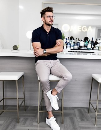 Navy Polo · Beige Chinos · White Leather Low Top Sneakers · Clear Sunglasses · Black Leather Watch