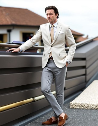 Beige Blazer · White Dress Shirt · Grey Dress Pants · Brown Suede Loafers · Tan Tie · White Pocket Square