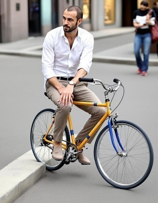 White Linen Long Sleeve Shirt · Beige Chinos · Beige Suede Loafers · Black Leather Belt · Silver Watch