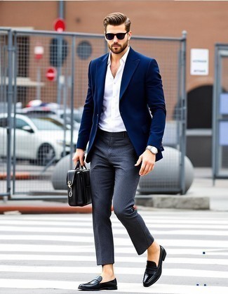 Navy Blazer · White Dress Shirt · Charcoal Dress Pants · Black Leather Loafers · Navy Sunglasses · Silver Watch