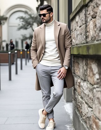 Camel Overcoat · White Turtleneck · Grey Chinos · Beige Leather Low Top Sneakers · Black Sunglasses · Silver Watch