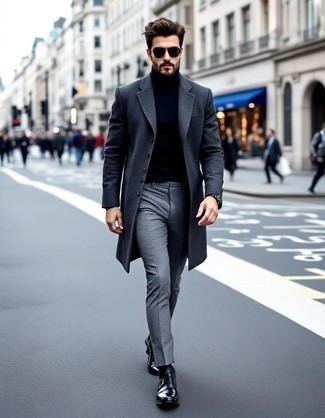 Charcoal Overcoat · Navy Turtleneck · Grey Dress Pants · Black Leather Desert Boots · Black Sunglasses · Silver Watch