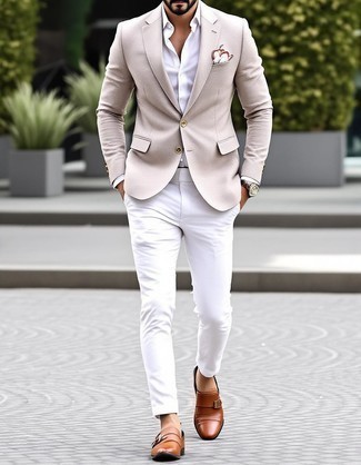 Beige Blazer · White Dress Shirt · White Chinos · Brown Leather Double Monks · White Pocket Square · Brown Leather Watch