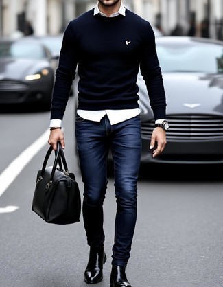 Navy Crew-neck Sweater · White Long Sleeve Shirt · Navy Skinny Jeans · Black Leather Chelsea Boots · Black Leather Holdall · Black Leather Watch