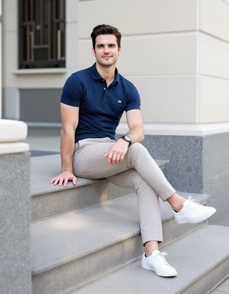Navy Polo · Beige Chinos · White Leather Low Top Sneakers · Black Leather Watch