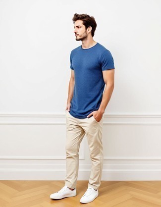 Blue Crew-neck T-shirt · Beige Chinos · White Leather Low Top Sneakers