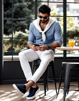 White Crew-neck Sweater · Light Blue Chambray Long Sleeve Shirt · White Chinos · Navy Canvas Low Top Sneakers · Black Sunglasses · Navy Rubber Watch