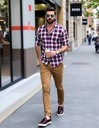 Burgundy Gingham Long Sleeve Shirt · Khaki Jeans · Burgundy Leather Double Monks · Dark Green Sunglasses · Dark Brown Leather Watch