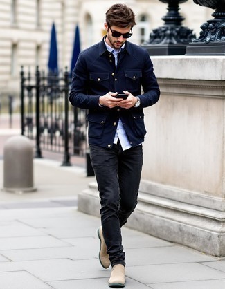 Navy Field Jacket · Light Blue Long Sleeve Shirt · Charcoal Jeans · Grey Suede Chelsea Boots · Black Sunglasses · Silver Watch