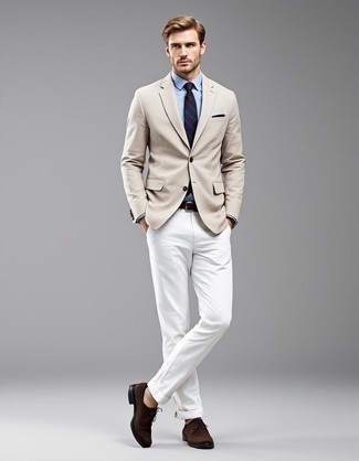 Beige Blazer · Light Blue Dress Shirt · White Chinos · Dark Brown Suede Oxford Shoes · Navy Horizontal Striped Tie · Navy Pocket Square