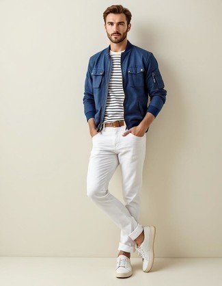 Navy Bomber Jacket · White and Navy Horizontal Striped Crew-neck T-shirt · White Jeans · White Leather Low Top Sneakers · Brown Woven Leather Belt